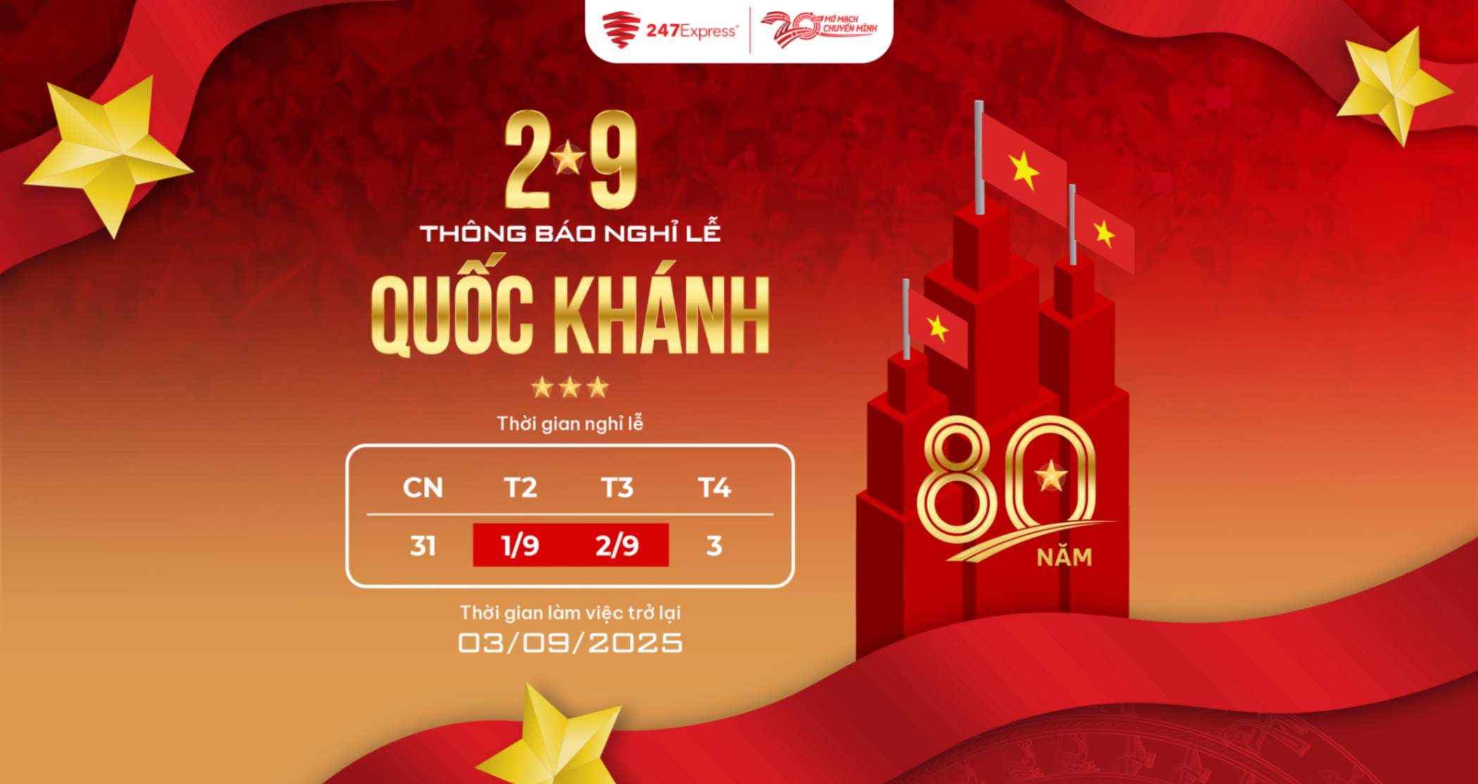 Thông báo: Lịch nghỉ lễ Quốc Khánh 2/9 